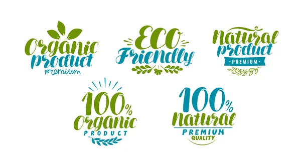 Natuurlijk, organisch productetiket of logo. Eco-pictogram. Typografisch ontwerp, vectorillustratie belettering — Stockvector