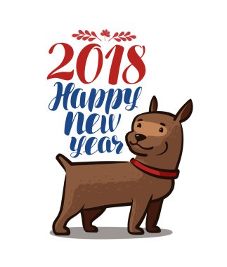 2018 mutlu yeni yıl. Hayvan, köpek, köpek, evde beslenen hayvan. Çizgi film vektör çizim