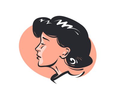 Genç kadın veya kız güzel yüzü. Güzellik, moda, makyaj kavramı. Retro sketch vektör çizim