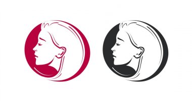 Güzellik Salonu, salon, berber logosu. Güzel genç kadın veya kız simge portresi. Vektör çizim