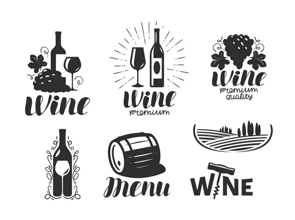 ワイン、ワイナリーのロゴ。ドリンク、アルコール飲料記号やアイコン。文字ベクトル図 — ストックベクタ