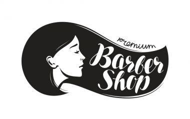 Kuaför Dükkanı, logo veya etiket. Güzellik Salonu, Kuaför tipografik tasarım. Yazı vektör çizim