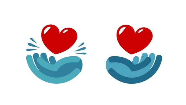 Mano y corazón, logo. Cuidado, salud, icono de caridad o etiqueta. Ilustración vectorial — Vector de stock