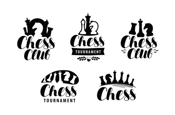 Club d'échecs, logo ou étiquette. Jeu, icône du tournoi. Conception typographique, vecteur de lettrage — Image vectorielle