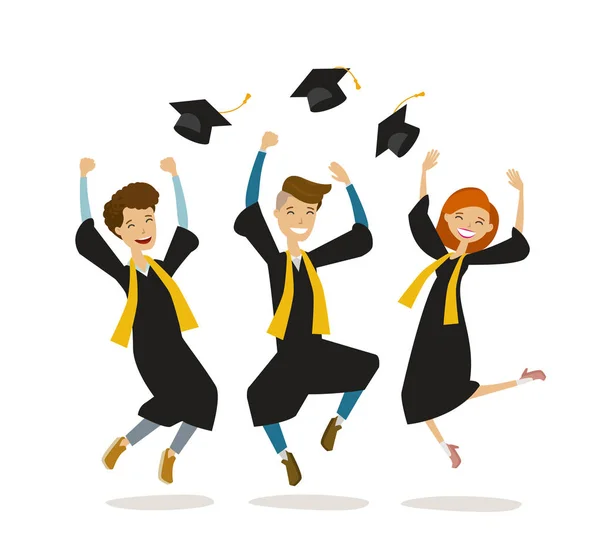 Os graduados felizes ou os estudantes jogam chapéus. Educação, faculdade, escola, conceito de graduação. Desenhos animados ilustração vetorial — Vetor de Stock