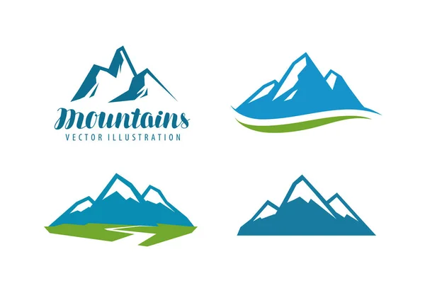 Montañas, logotipo de roca o etiqueta. Montañismo, escalada, alpinismo icono. Ilustración vectorial — Archivo Imágenes Vectoriales