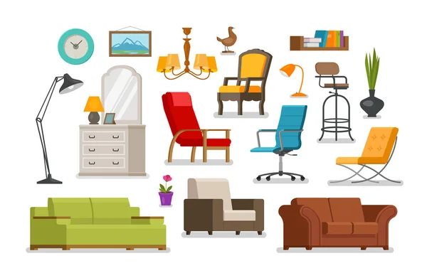 Interior, mobiliario, concepto de tienda de muebles. Ilustración vectorial — Vector de stock