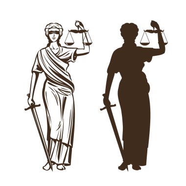 Adalet tanrıçası. Themis gözleri bağlı, ölçekler ve elinde kılıç ile. Vektör çizim