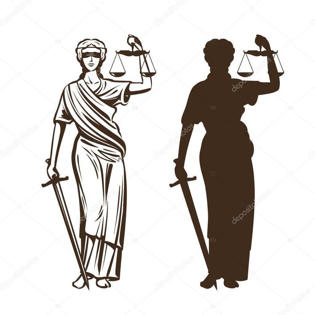 Goddess of justice. Themis with blindfold, scales and sword in hands. Vector illustration
