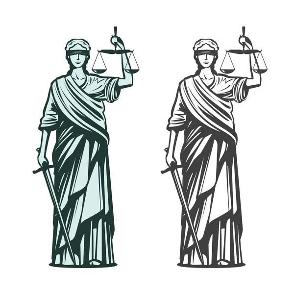 Symbool van de rechterlijke macht. Vrouwe Justitia met blinddoek, Weegschaal en zwaard in handen. Schets vectorillustratie — Stockvector