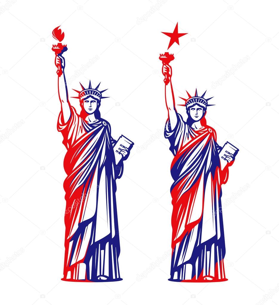 Statue of liberty, freedom. USA symbol or icon. Vector illustration isolated on white background