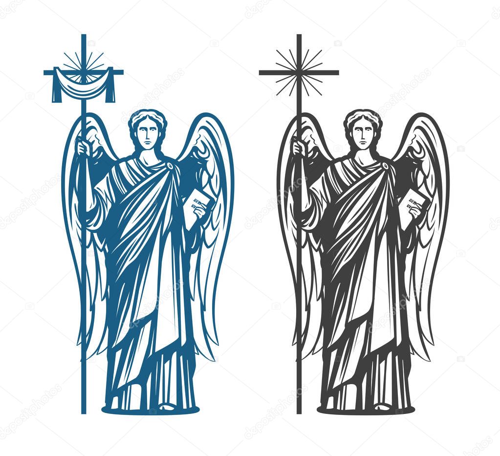 Angel, Archangel with wings. Bible, religion, belief, worship concept. Vintage sketch vector illustration