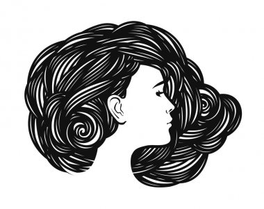 Güzel kız, uzun saçlı genç kadın portresi. Güzellik salonları, spa, moda, güzellik etiket veya logo. Vektör çizim