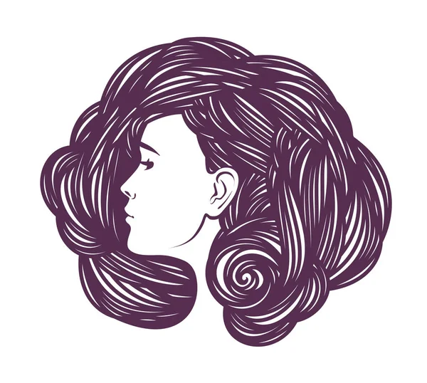 Beauty shop, cosmetic, makeup or spa concept. Beautiful girl, young woman with long curly hair. Decorative vector illustration — Stock Vector