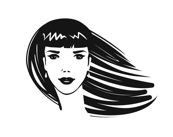 Retrato de chica hermosa, mujer joven con el pelo largo. Salón de belleza, spa, maquillaje, moda, logotipo o símbolo. Dibujo de arte vector ilustración — Archivo Imágenes Vectoriales