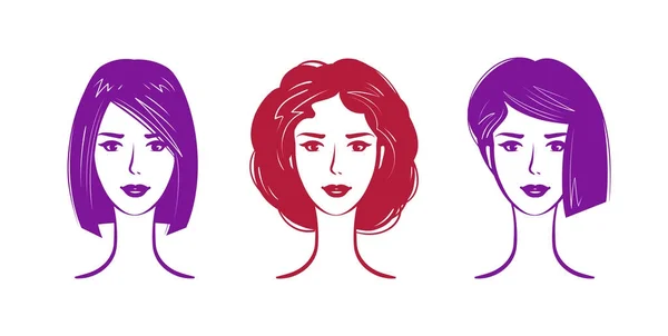 Kadeřnický salon, make-up logo. Portrét krásnou dívku nebo mladou ženu s trendy účes. Vektorové ilustrace — Stockový vektor