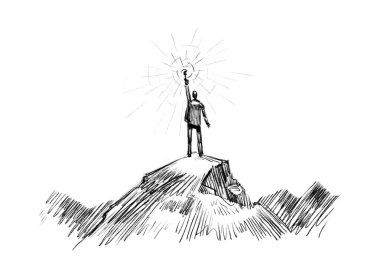 Man stands on top of mountain with torch in hand. Business, success, achievement concept