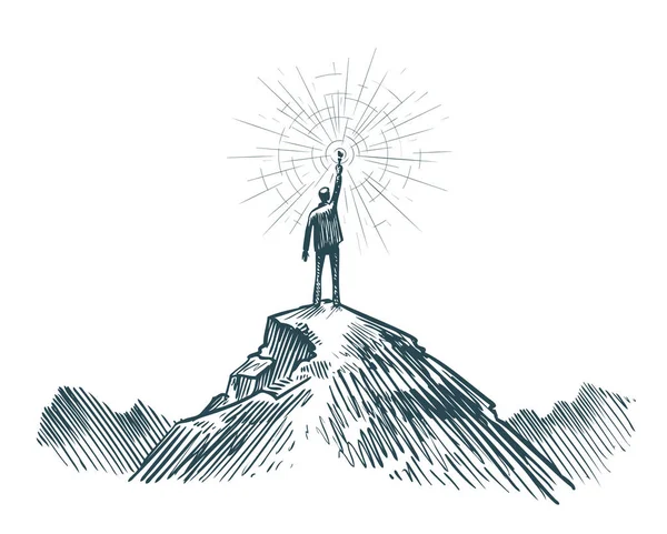 Człowiek stoi na szczycie góry z latarka w ręku. Biznes, osiągnięcia cel, sukces, koncepcja odnajdywania. Szkic wektor ilustracja — Wektor stockowy
