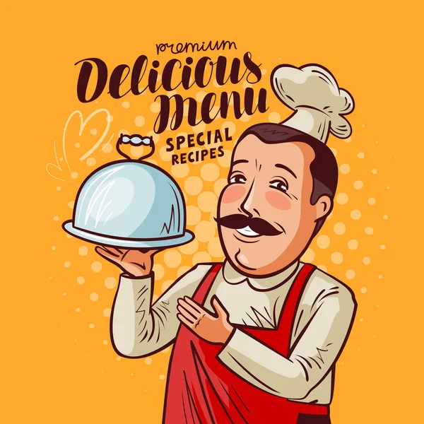 Delicioso menú. Chef feliz con bandeja en la mano. Dibujos animados vector ilustración — Archivo Imágenes Vectoriales