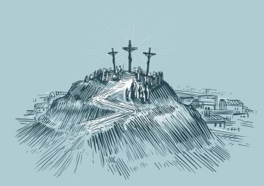 Jesus on cross. Mount Golgotha. Art sketch vector illustration clipart