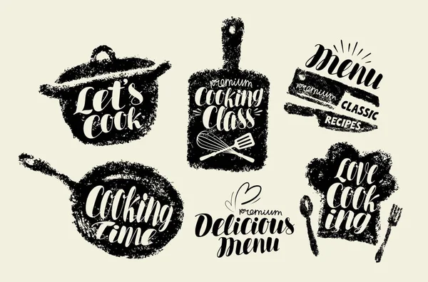 Kochen, Küche Etikettenset. Kochgeschirr, Küchenutensilien, Geschirr Typografie. Beschriftungsvektorillustration — Stockvektor