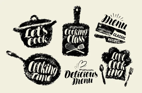 Cozinhar, conjunto de etiquetas de cozinha. Cozinha, utensílios de cozinha, tipografia de utensílios de cozinha. Ilustração vetorial de letras — Vetor de Stock