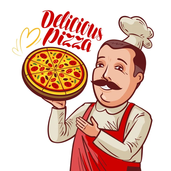 Chef-kok met pizza in de hand. Pizzeria, fastfood concept. Cartoon vectorillustratie — Stockvector