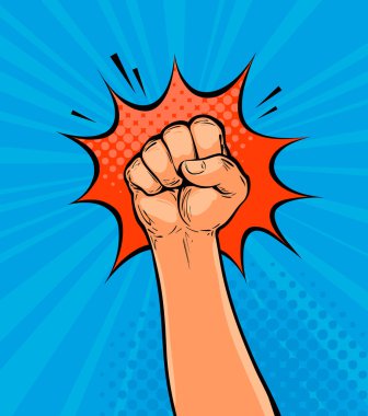 Raised up clenched fist drawn in pop art retro comic style. Cartoon vector illustration clipart