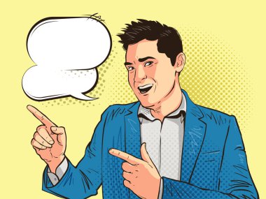Mutlu genç adam, işadamı veya öğrenci, pop art retro komik tarzda çizilmiş. Çizgi film argo vektör çizim