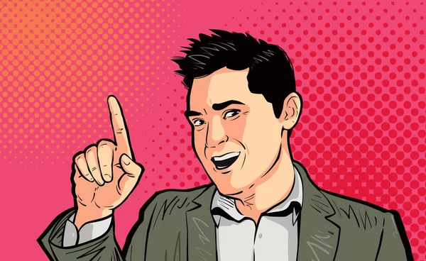 Geschäftsmann oder lustiger Typ, der mit dem Finger auf Pop-Art-Retro zeigt. Zeichentrickvektorillustration — Stockvektor