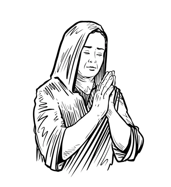 Femme plia les mains pour prier. Illustration vectorielle de croquis — Image vectorielle