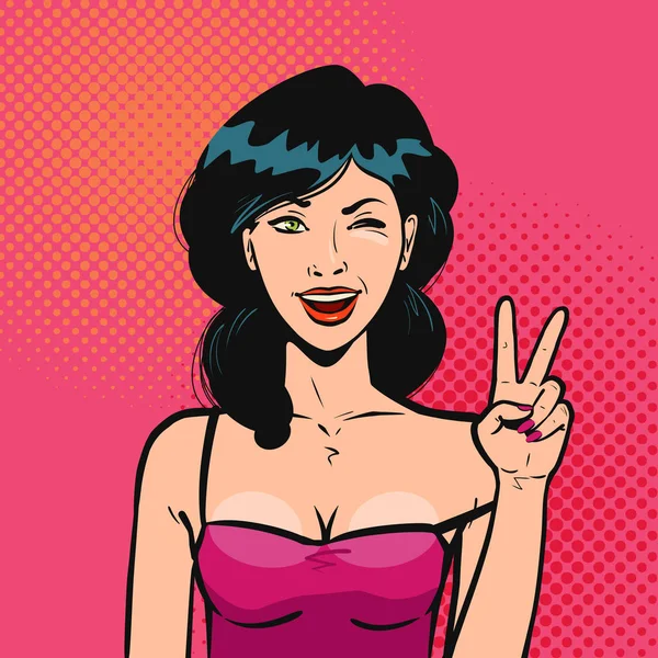 Menina feliz mostra gesto de mão, sinal de vitória. Retrato de bela jovem no estilo pop art retro comic. Desenhos animados ilustração vetorial —  Vetores de Stock