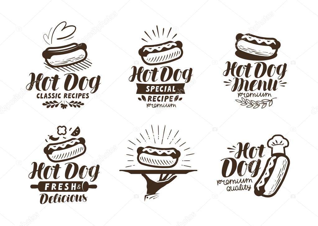 Hot dog logo or label. Fast food, takeaway icon. Lettering vector illustration