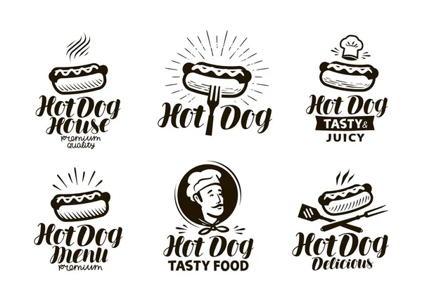 Hot dog logo or label. Fast food, eating emblem. Typographic design vector illustration — Stock Vector