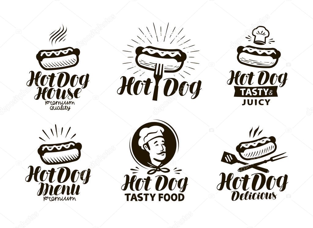 Hot dog logo or label. Fast food, eating emblem. Typographic design