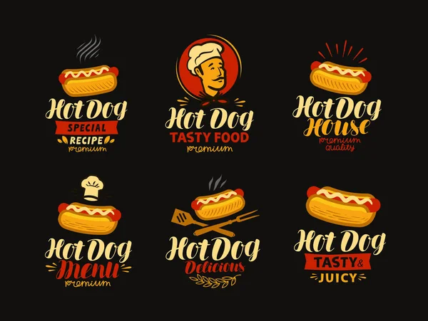 Hot dog logo of label. Fast food set van pictogrammen. Vectorillustratie — Stockvector
