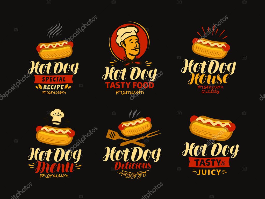 Hot dog logo or label. Fast food set icons. Vector illustration