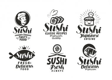 Suşi ve rulo logo veya etiket. Japon yemek menüsü. Yazı vektör çizim