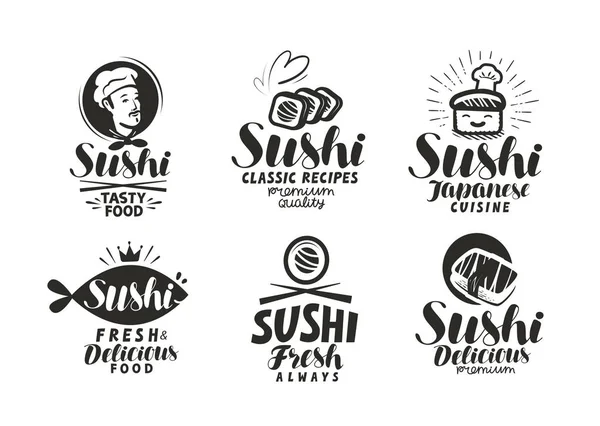 Sushi és a tekercs logó vagy a címkét. Japán élelmiszer-menüben. Betűkkel vektoros illusztráció — Stock Vector