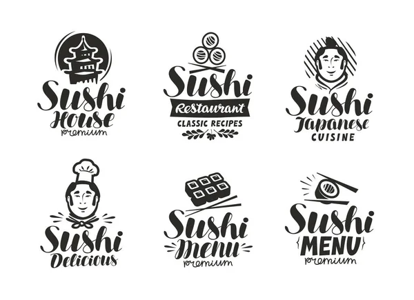 Logo o etiqueta de Sushi y Rolls. Comida rápida japonesa, símbolo sashimi. Ilustración vectorial tipografía — Archivo Imágenes Vectoriales