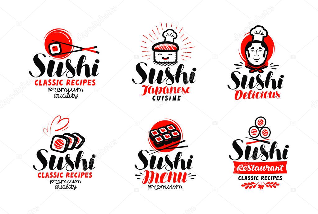 Sushi, sashimi logo or label set. Japanese cuisine, fast food typography. Lettering vector illustration isolated on white background