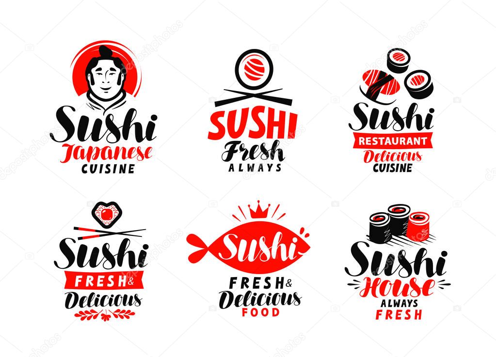 Sushi, Japanese cuisine logo or label. Set of elements for restaurant menu design