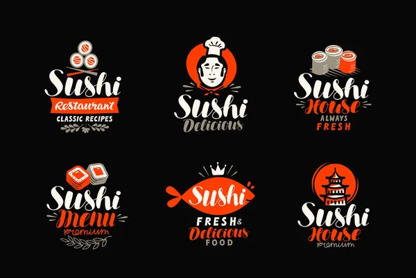 Sushi-logotypen eller etikett. Japansk mat, skaldjur, restaurang typografi. Vektorillustration — Stock vektor