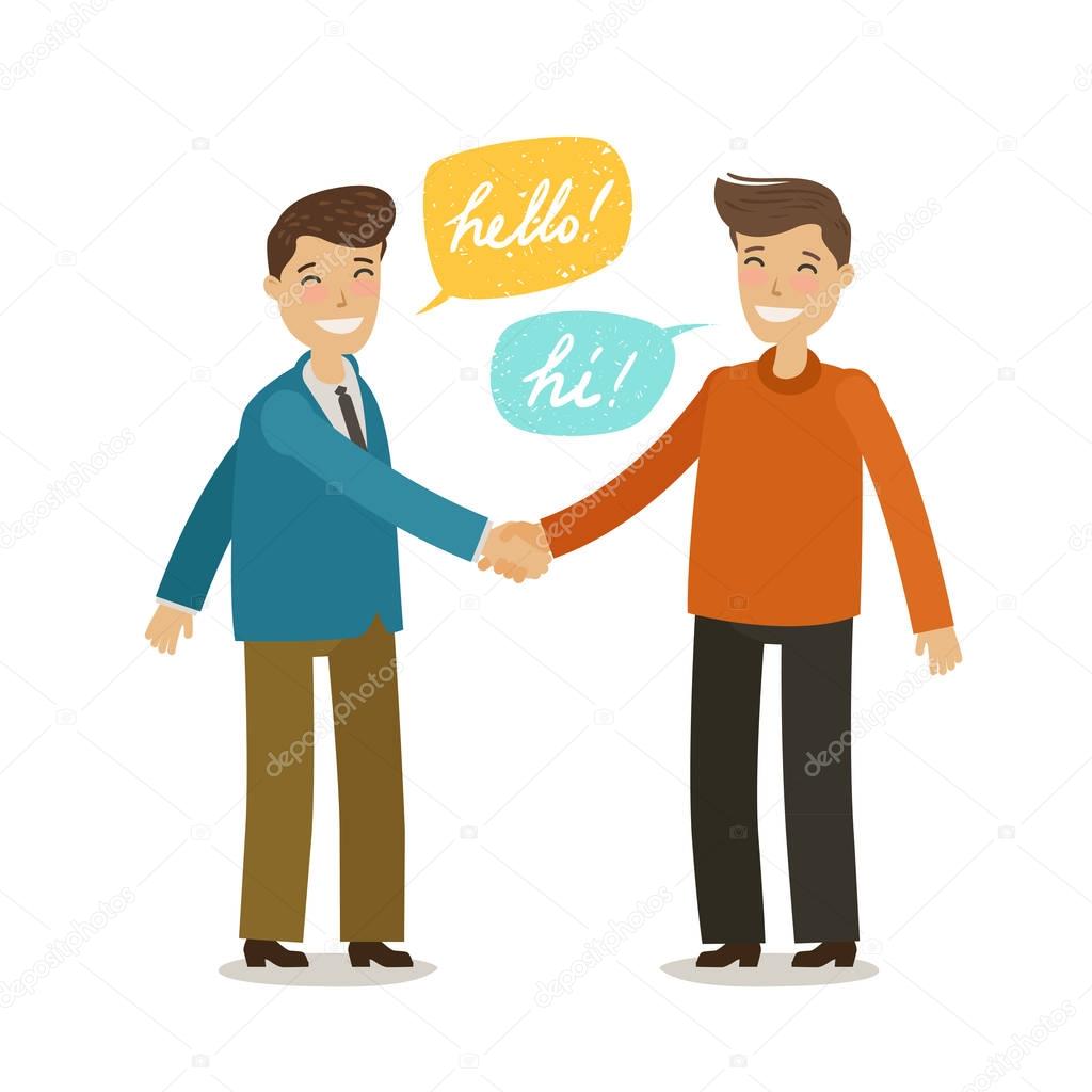 Handshake, shaking hands, friendship concept. Happy people shake hands in greeting. Cartoon vector illustration in flat style