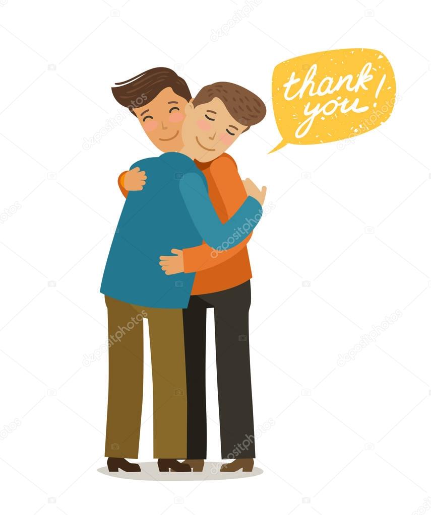 Thank you, hugs banner. Friendly meeting concept. Cartoon vector illustration in flat style
