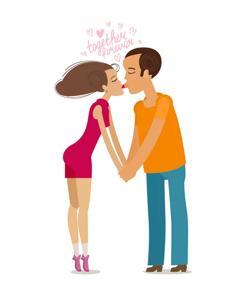 Juntos para sempre. Casal apaixonado beijando de mãos dadas. Desenhos animados ilustração vetorial em design plano —  Vetores de Stock