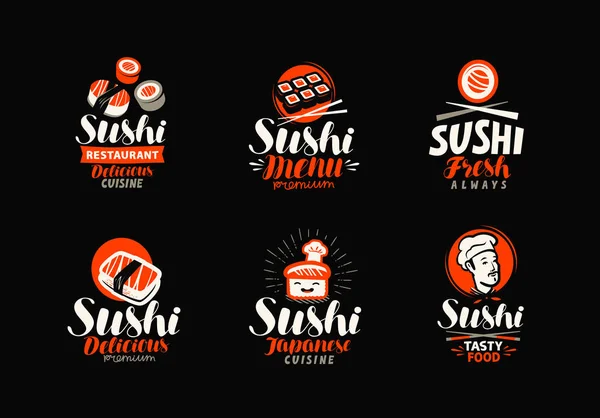 Sushi, tekercs, Japán élelmiszer csoportja, logók és feliratok. Vektoros illusztráció — Stock Vector