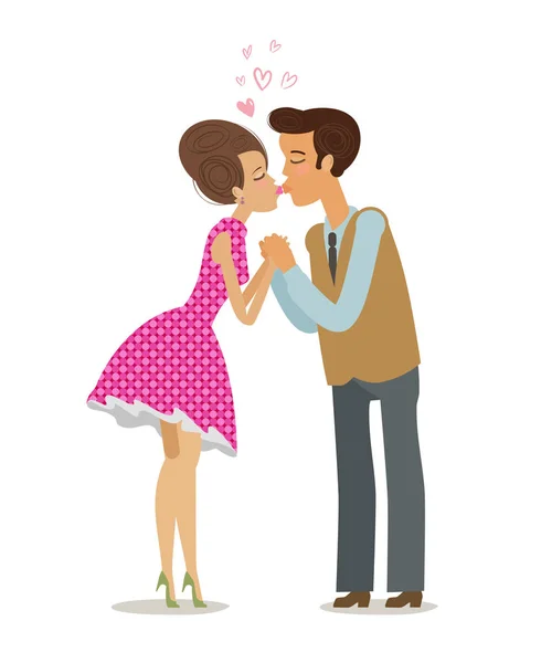 Paar verliefd teder kussen op de lippen. Romantische datum, kus concept. Cartoon vectorillustratie — Stockvector
