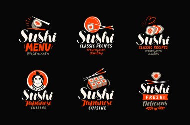 Sushi, sashimi, Japon mutfağı logo veya etiket. Restoran Menü tasarım öğeleri kümesi. Vektör çizim