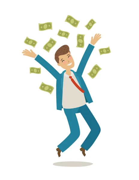 Successful businessman jumps and throws money. Business concept. Cartoon vector illustration — Stock Vector